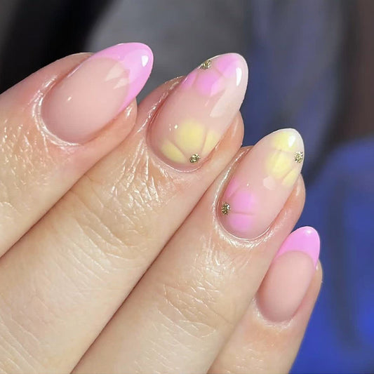 Chic Floral Fantasy Medium Almond Pink and Yellow Ombre with Glitter Accents Press On Nail Set
