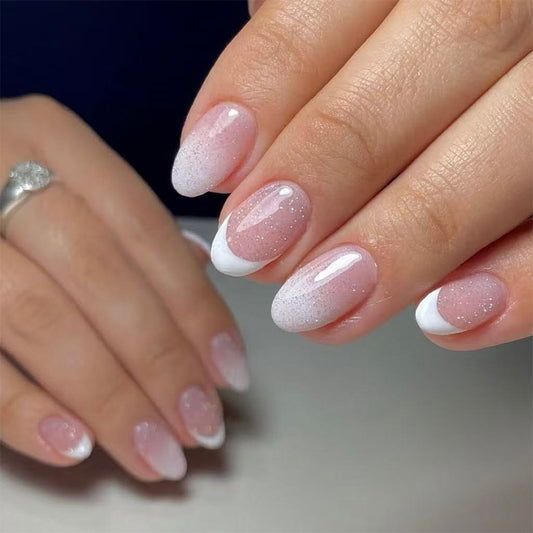 Glamorous Elegance Medium Oval Pink Gradient Press On Nail Set with Sparkling Accent Tips