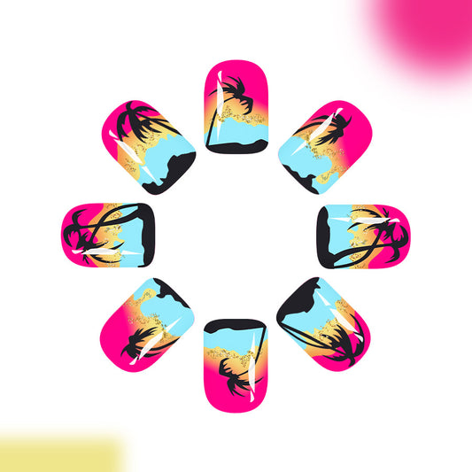 Set of nail art designs with palm trees and colorful gradients on a white background.