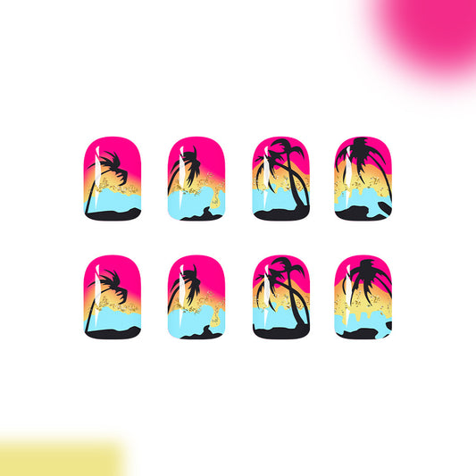 Tropical Vibes Short Square Pink and Blue Sunset Press-On Nail Set with Palm Tree Designs