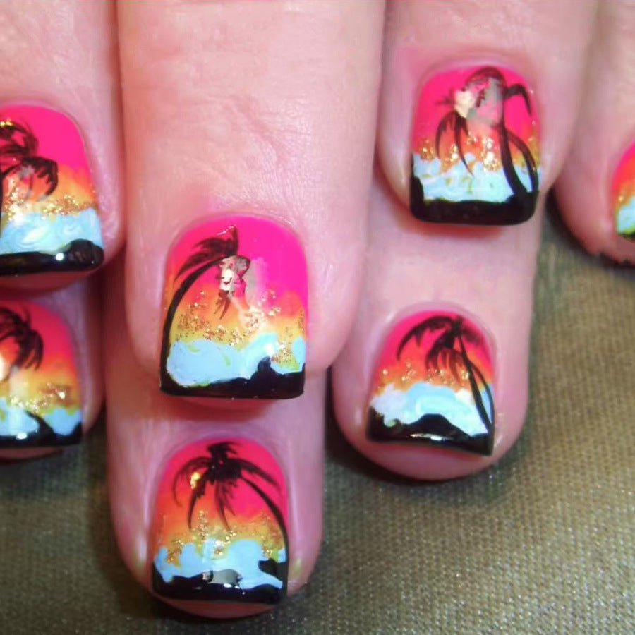 Tropical Sunset Short Square Press On Nail Set in Vibrant Pink with Stunning Palm Tree Artwork