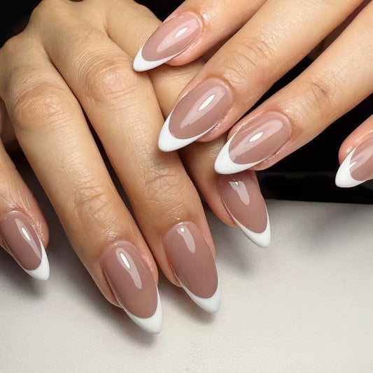 Elegant Dreamy Long Almond Shaped Beige and White Glossy Press On Nail Set with Chic French Tip Design
