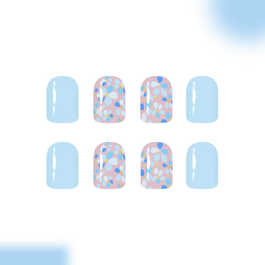 Whimsical Garden Press On Nail Set in Short Square Length Shape Soft Blue and Pretty Floral Design