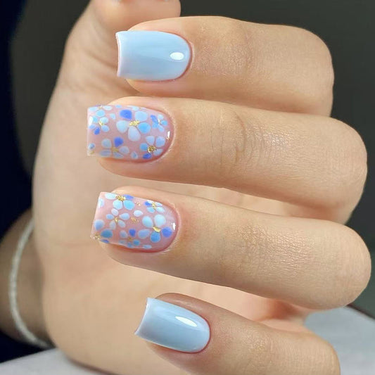 Floral Elegance Short Square Blue Ombre Press On Nail Set with Charming Flower Accents