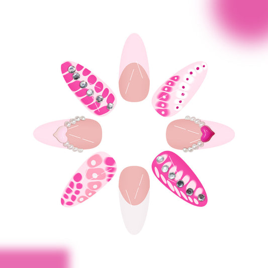 Sweet Romance Glamourous Long Almond Pink Nail Set with Sparkling Embellishments