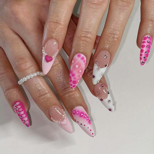 Whimsical Elegance Long Almond Pink Gradient with Gemstone Accents Press On Nail Set
