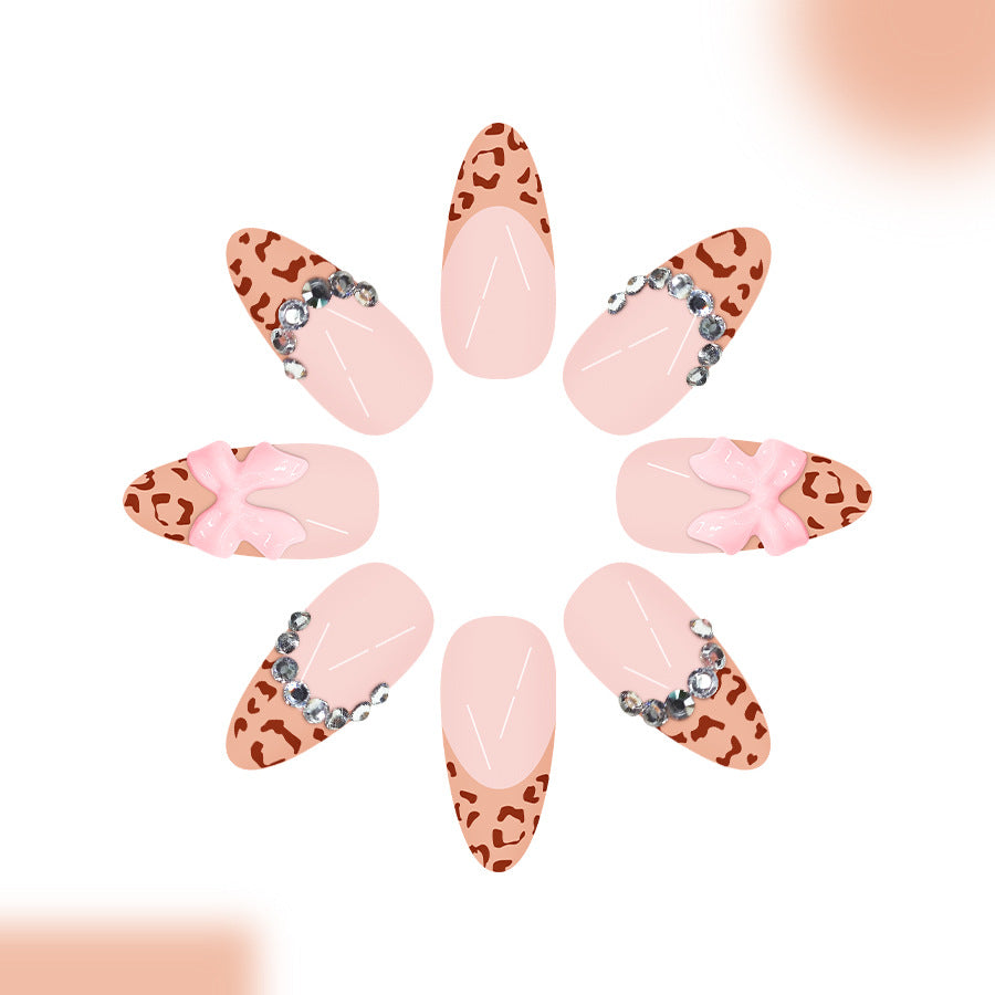 Glamorous Safari Inspired Long Almond Pink and Brown Leopard Print Press On Nail Set with Sparkling Embellishments