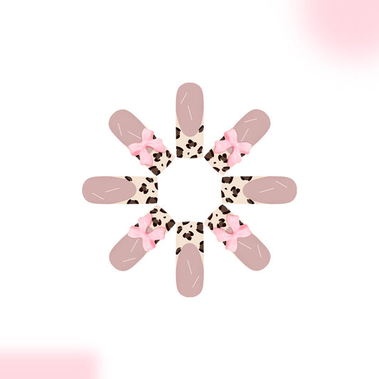 Fierce Safari Inspired Long Square Blush Pink Nails with Chic Leopard Print and Adorable Bow Accents