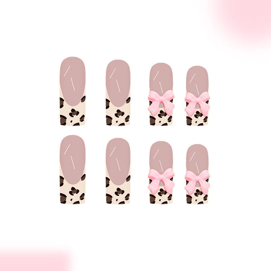 Wild Feminine Charm Press-On Nail Set in Long Square Style Beige with Brown Leopard Print and Adorable Pink Bows