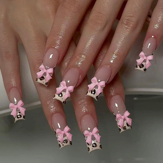 Charming Cowgirl Long Square Pink with Cute Bow Accents Press On Nail Set