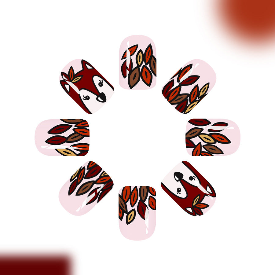 Autumn Adventure Short Square Red and Brown Leafy Fox Press-On Nail Set