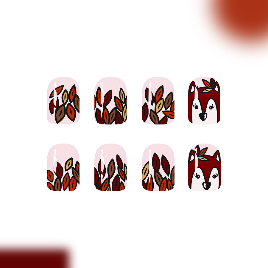 Autumn Wonderland Short Square Almond Rusty Red with Whimsical Fox Design Press On Nail Set
