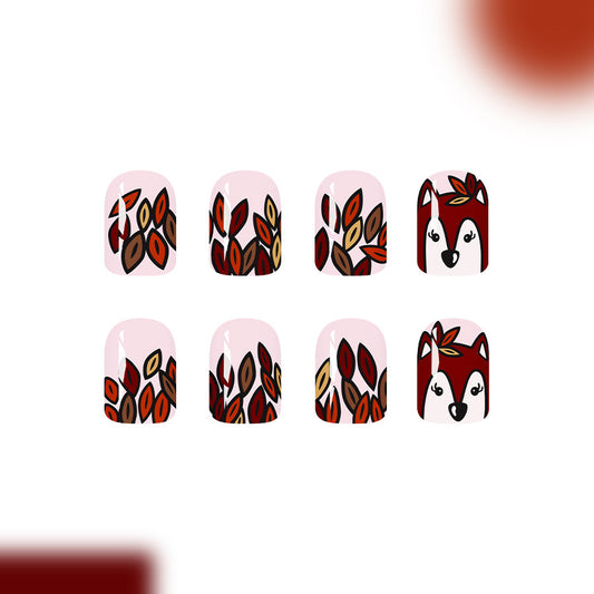 Autumn Wonderland Short Square Almond Rusty Red with Whimsical Fox Design Press On Nail Set