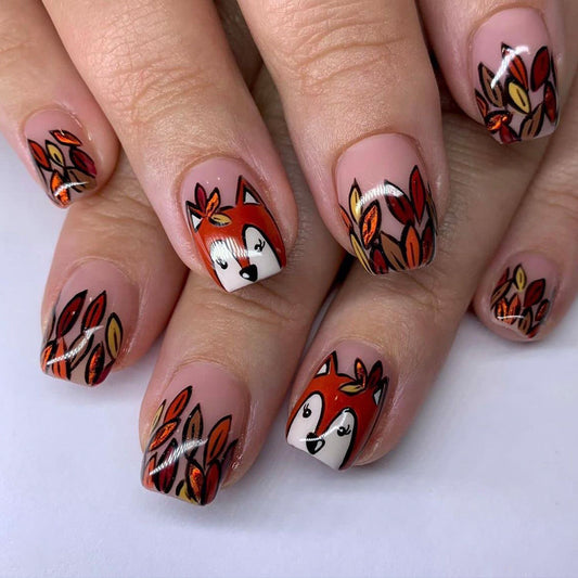 Autumn Enchantment Long Square Orange with Whimsical Fox and Leaf Design Press-On Nail Set