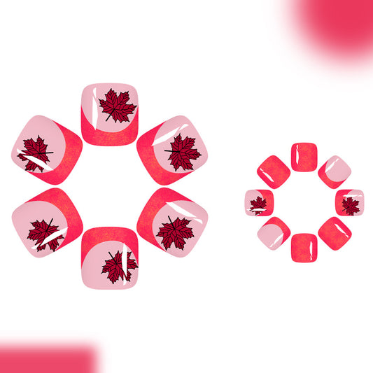 Autumn Bliss Short Square Coral Press On Toenail Set with Leaf Design