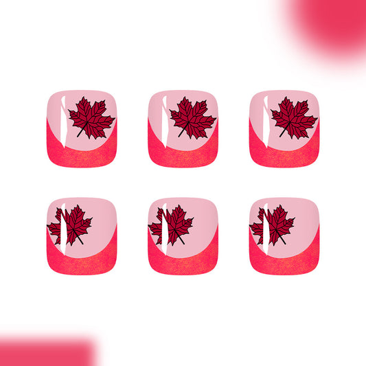 Autumn Inspiration Short Square Pink and Red Press On Toenail Set with Glitter Leaf Design