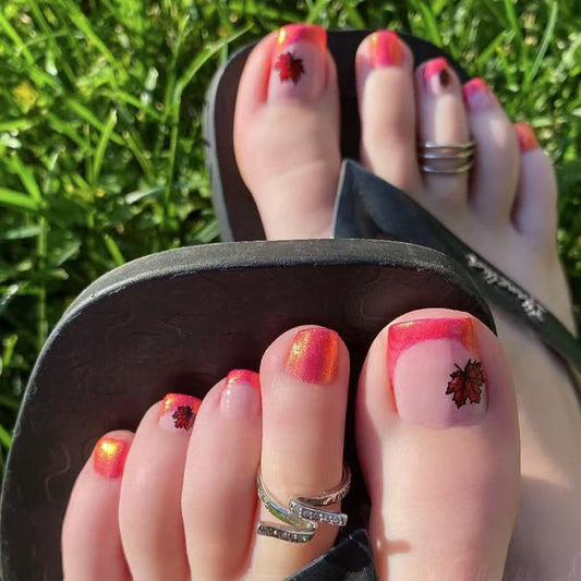 Autumn Vibes Square Short Coral Red with Captivating Leaf Design Press on Toenail Set