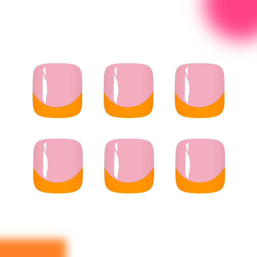 Chic Sunshine Short Square Press On Toenail Set in Soft Pink with Bold Orange Tips and Glossy Finish
