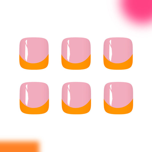 Chic Sunshine Short Square Press On Toenail Set in Soft Pink with Bold Orange Tips and Glossy Finish