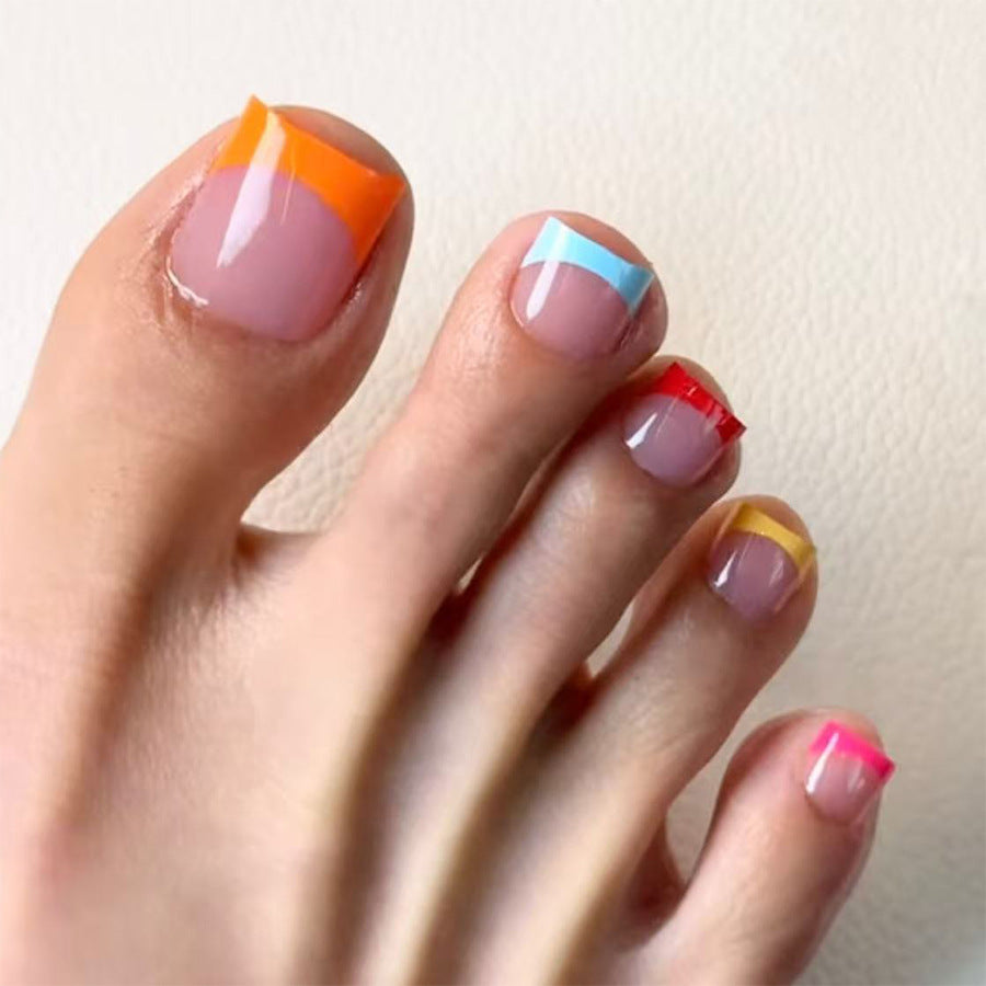 Vibrant Summer Vibes Short Square Colorful Toenail Set with Bold French Tips