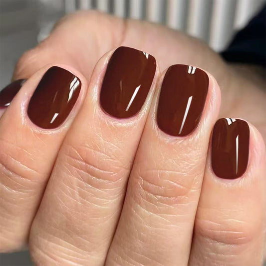 Autumn Elegance Glossy Short Square Brown Press On Nail Set with Smooth Finish