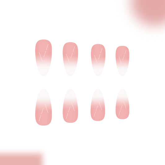 Whimsical Blossom Long Almond Pink Ombre with Unique Striped Design Press On Nail Set