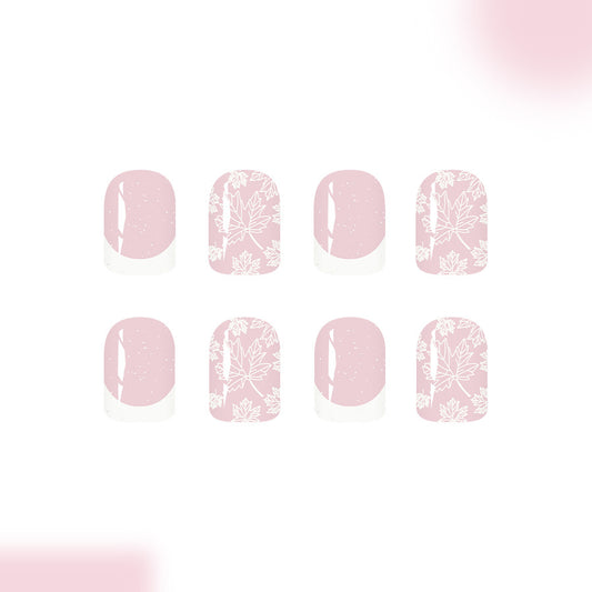 Blossom Dreams Short Square Soft Pink Press On Nail Set with Elegant Leaf Design