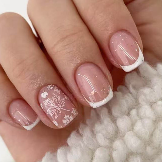 Frosty Elegance Short Square Pink French Tip Design with Intricate Leaf Detailing Press On Nail Set