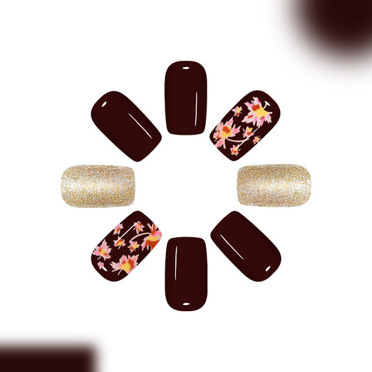 Autumn Chic Medium Square Burgundy and Gold Glitter Floral Detail Press On Nail Set