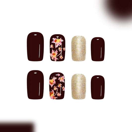 Autumn Bliss Medium Square Burgundy and Gold Glitter Press On Nail Set with Floral Design