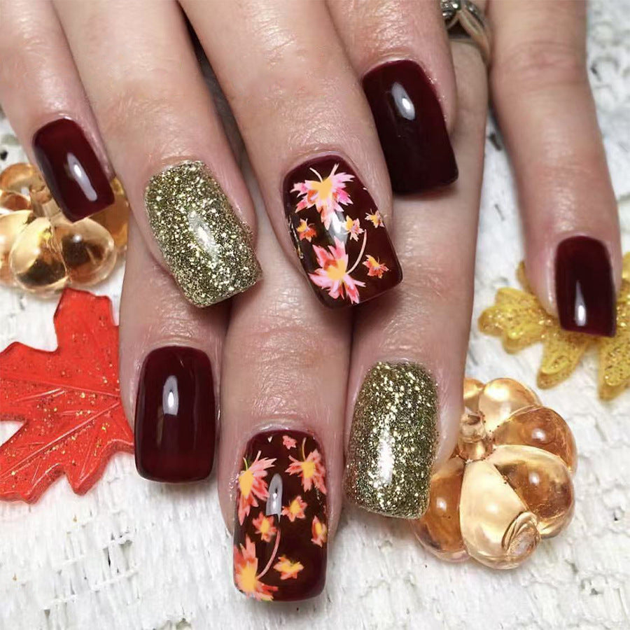 Autumn Elegance Medium Square Burgundy and Gold Press On Nail Set with Floral Accents