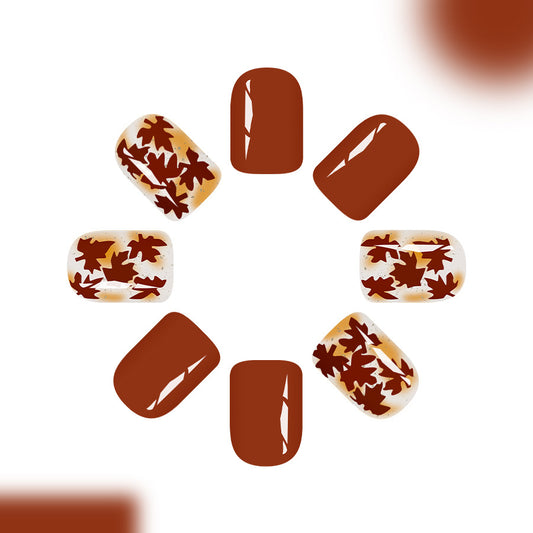 Autumn Elegance Medium Square Rich Brown with Leaf Detail Press On Nail Set