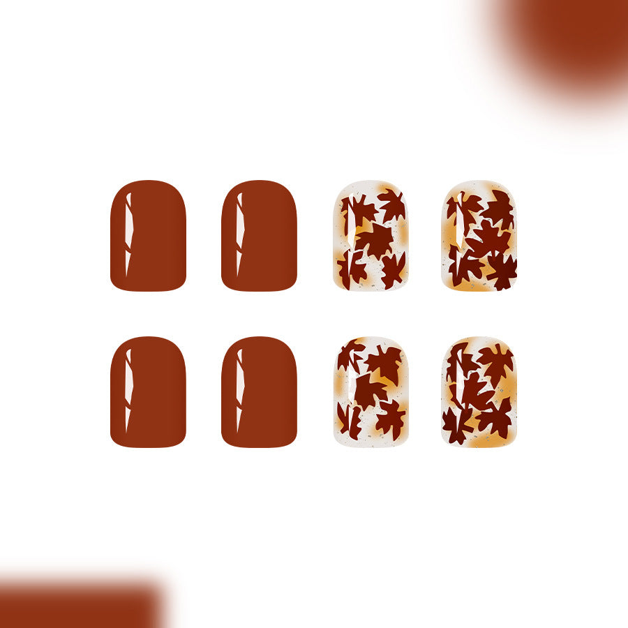 Autumn Elegance Medium Square Brown and Cream Leaves Press On Nail Set