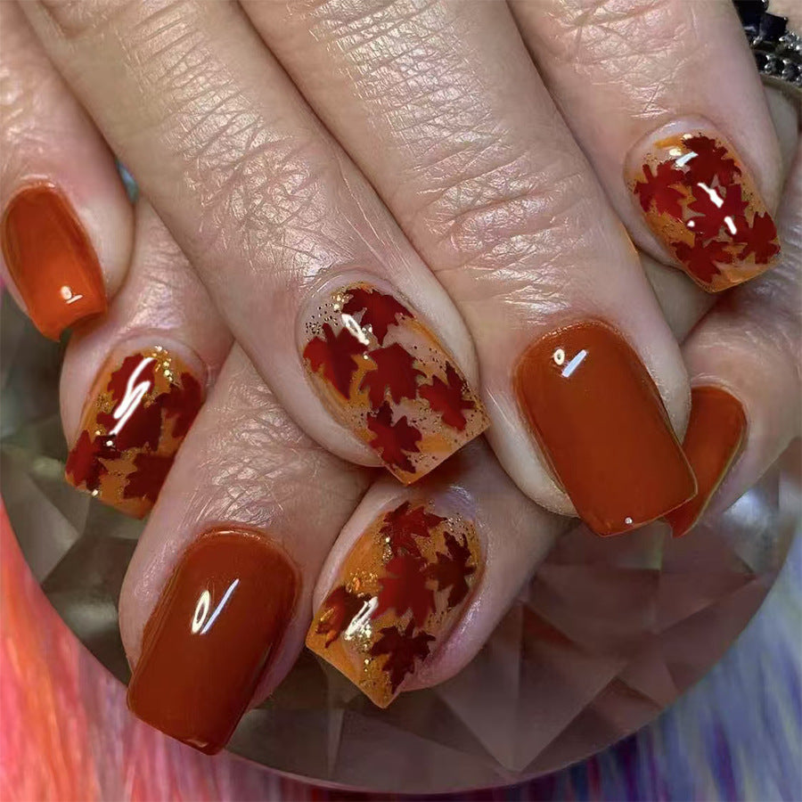 Autumn Vibes Square Medium Rust Orange Press On Nail Set with Glittering Leaf Accents