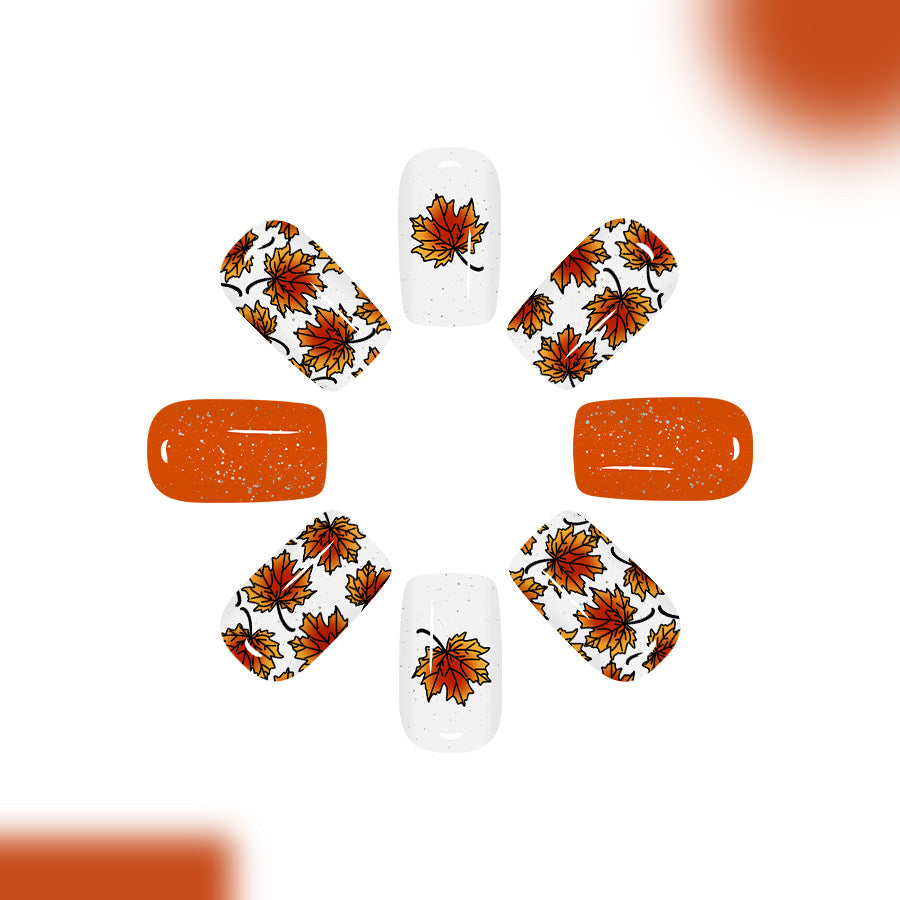 Autumn Whispers Medium Square Orange with Leaf Design Press-On Nail Set