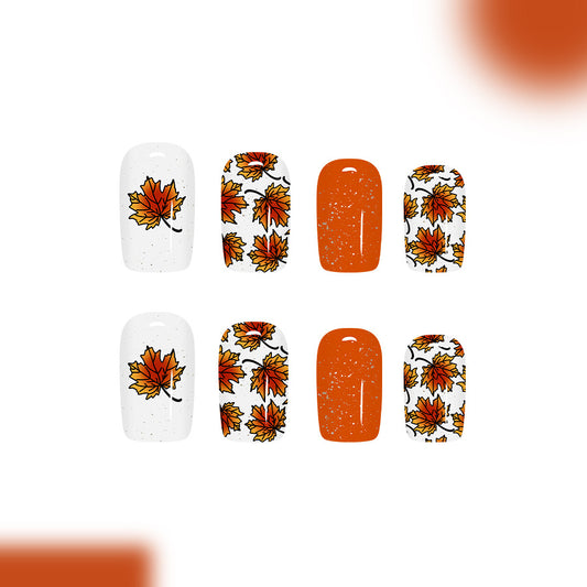 Autumn Bliss Orange and White Medium Square Press-On Nail Set Featuring Stunning Leaf Designs