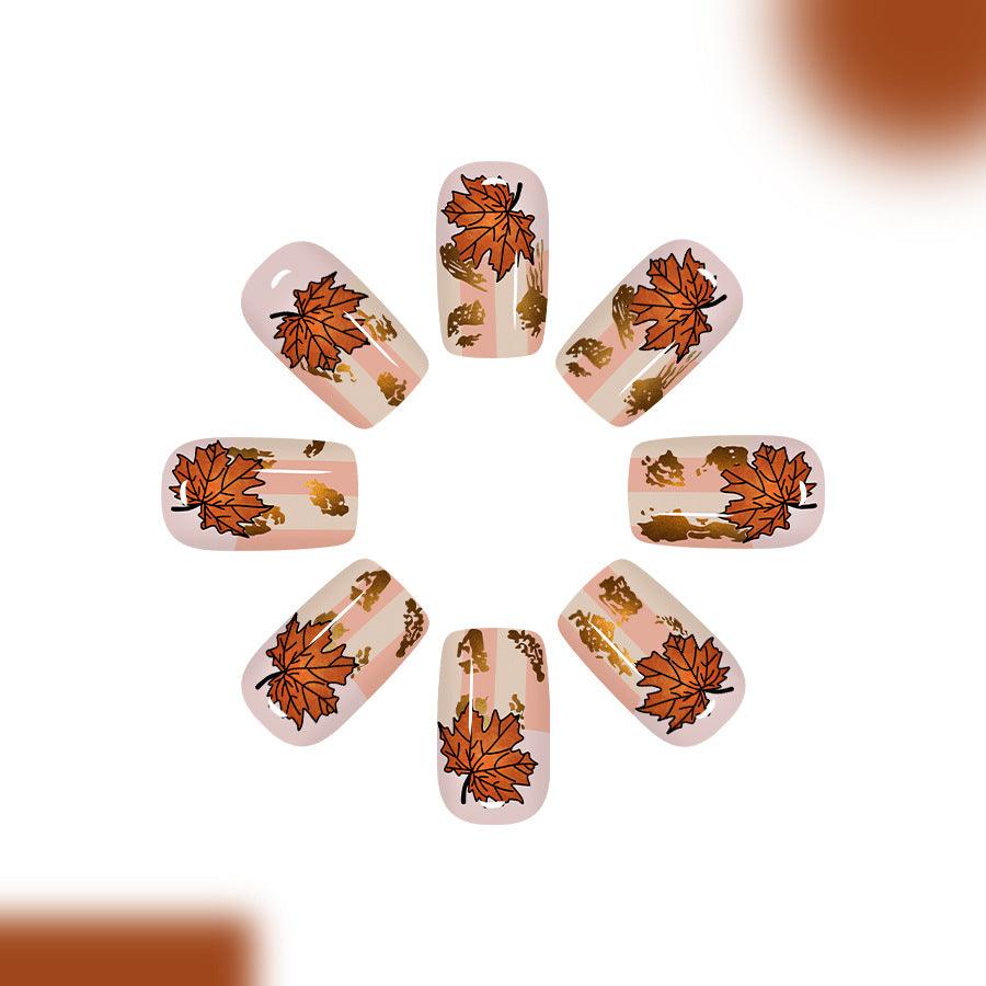 Autumn Elegance Square Medium Transparent Warm Beige with Maple Leaf Design Press On Nail Set