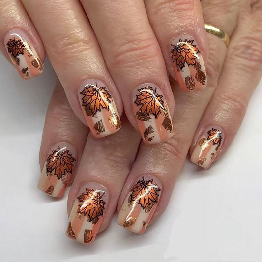 Autumn Elegance Medium Square Beige Nails with Stunning Copper Leaf Designs