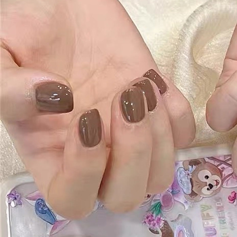 Warm Earthy Charm Short Square Dark Brown Glossy Finish Press On Nail Set