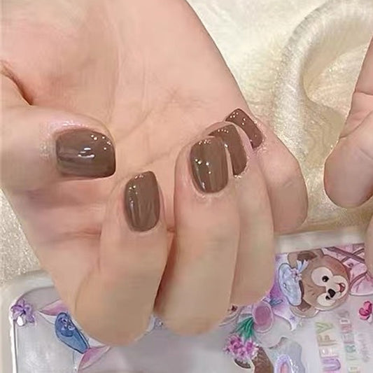 Warm Earthy Charm Short Square Dark Brown Glossy Finish Press On Nail Set