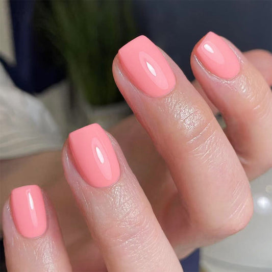 Chic Coral Elegance Short Square Shaped Glossy Finish Press On Nail Set