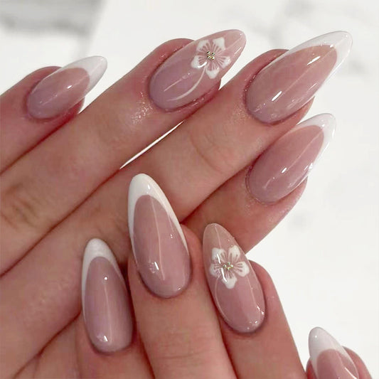 Blossom Elegance Long Almond Beige Pink Nails with Artistic Floral Design