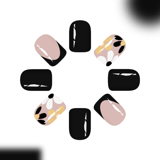 Bohemian Dreams Short Square Black and Beige Floral Press On Nail Set with Unique Matte Finish