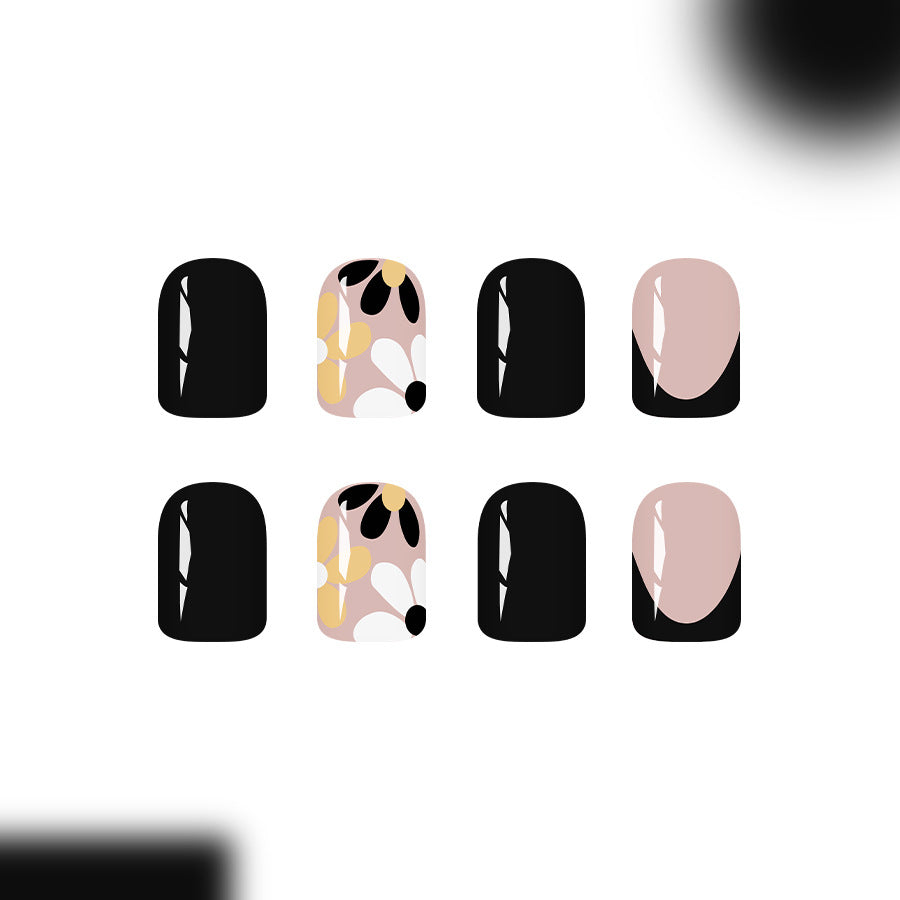 Bohemian Elegance Short Square Black and Beige Floral Press On Nail Set with Glossy Finish