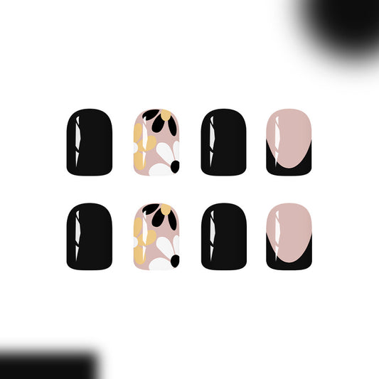 Bohemian Elegance Short Square Black and Beige Floral Press On Nail Set with Glossy Finish