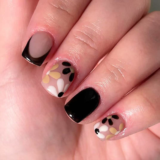 Bohemian Chic Short Square Length Matte Black and Floral Accent Press On Nail Set