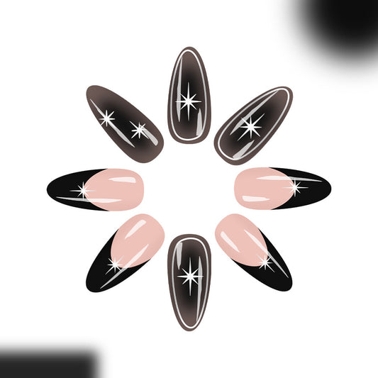 Celestial Elegance Long Almond Black and Pink Press On Nail Set with Sparkling Stars