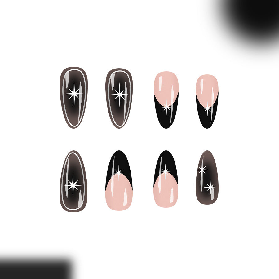Galactic Glamour Long Almond Midnight Black and Dusty Pink Starburst Press On Nail Set