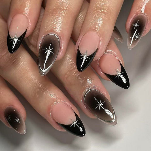 Celestial Glamour Long Stiletto Gradient Black and Beige with Dazzling Star Accents Press on Nail Set