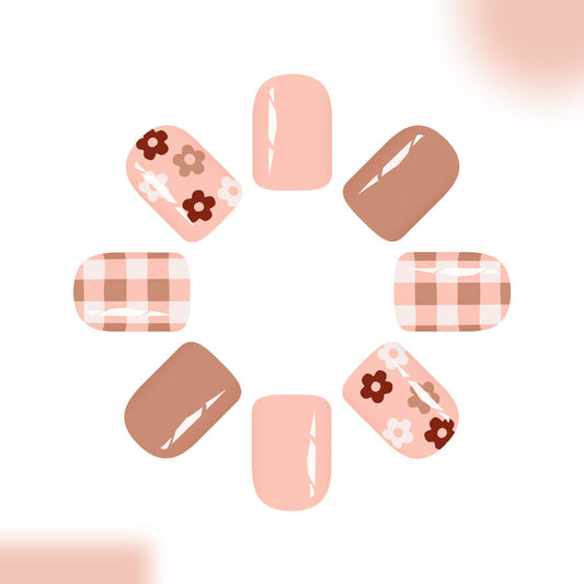 Charming Blossom Press On Nail Set Short Square Soft Pink with Floral and Checkered Patterns
